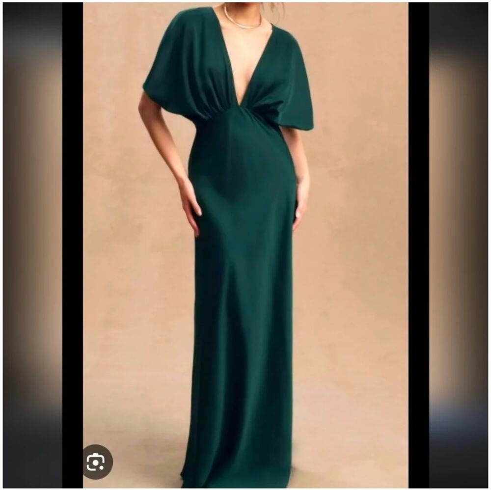 BHLDN Amelia Deep V-Neck Satin Maxi Dress, Emerald Green